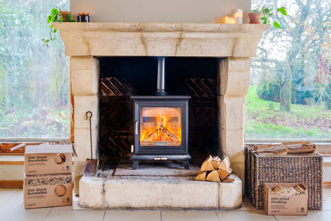 The large stone fireplace with a wood burning stove and Ecofuel firewood and kindling sitting in front of the fire
