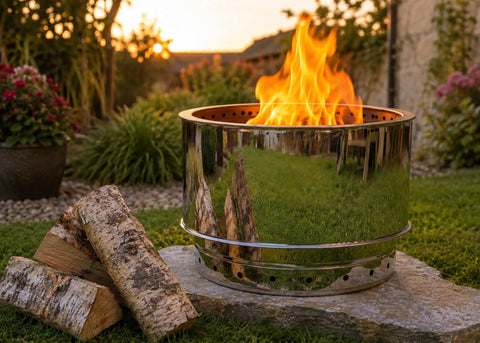 The Devil’s Bit firepit in an Irish garden with birch logs burning on a calm evening.