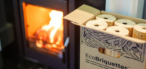 EcoBriquettes™ compressed Birch wood briquettes burning with a strong flame in a stove.