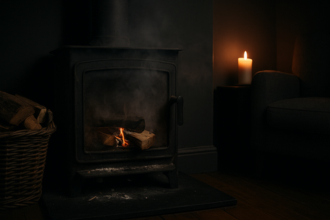 Cozy indoor scene with a lit candle and fireplace in a dimly lit room.
