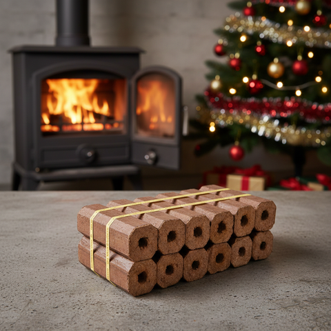 ECOFUEL™ Wooden heat logs tied with twine on a stone surface with a fireplace and Christmas tree in the background.