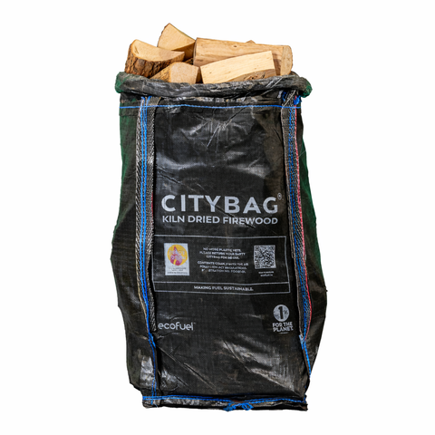Bag of Ecofuel kiln dried Oak firewood labeled 'CityBag' on a white background