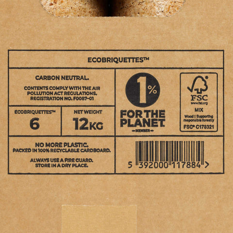 EcoBriquettes FSC® certified label and carbon neutral packaging — 6 logs, 12kg, fully recyclable.