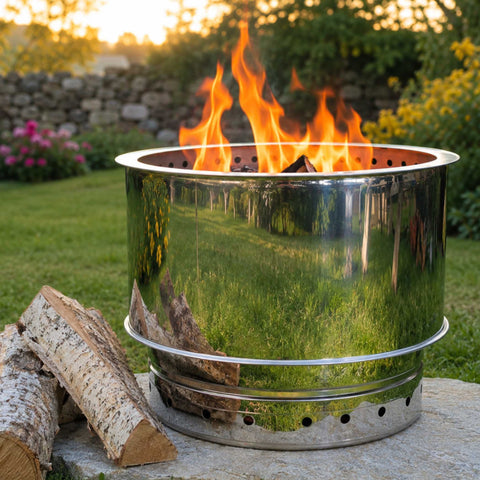A working phoenix devils bit firepit in the garden lit with kiln dried birch logs